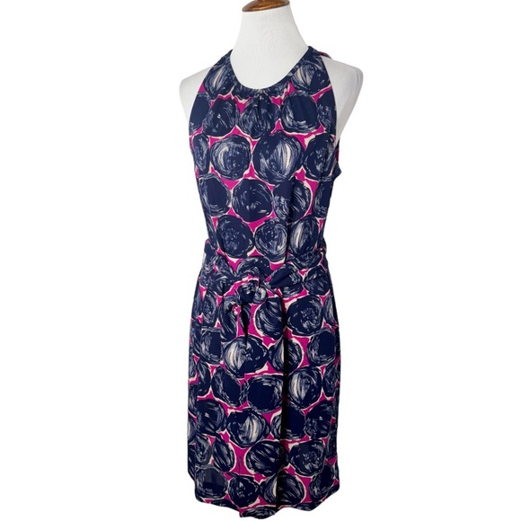 SOLD-Tory Burch Floral Print Belted Blue Pink Knee Length Sleeveless Dress - Picture 4 of 10